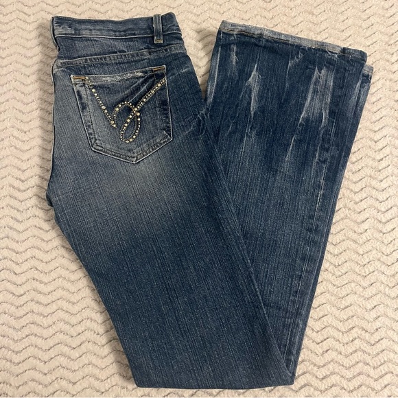 Bebe Blue Distressed Medium Wash Denim Embellished Low Rise Y2K Flare Jeans 29 - Picture 7 of 10